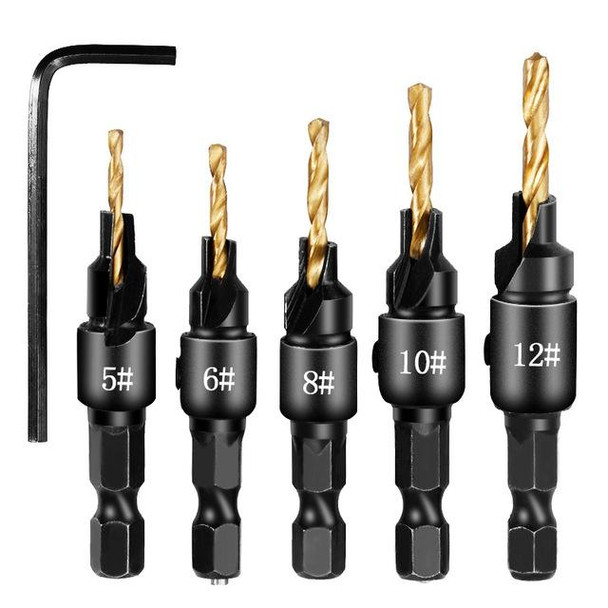 5 PCS/Set Countersink Woodworking Drill Bit Set Hexagon Screw Hardware Tool(Gold)