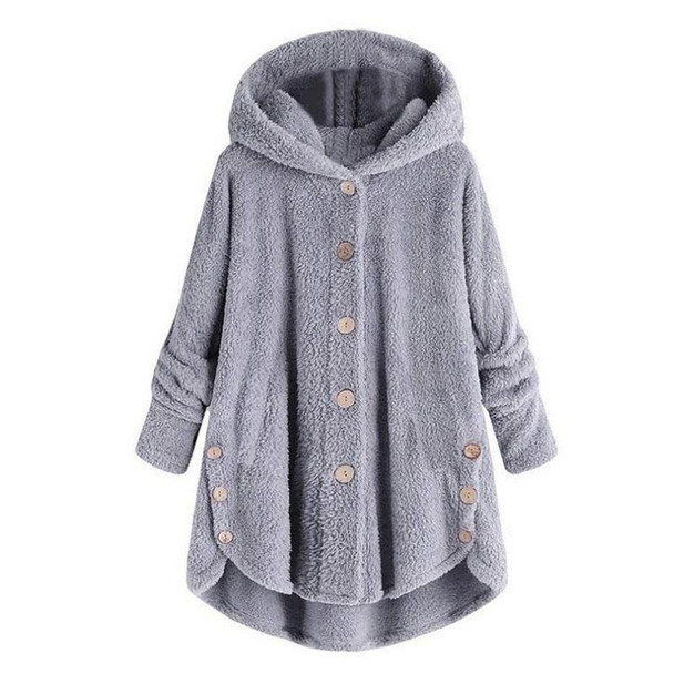 Button Plush Irregular Solid Color Coat (Color:Light Grey Size:XXXXL)