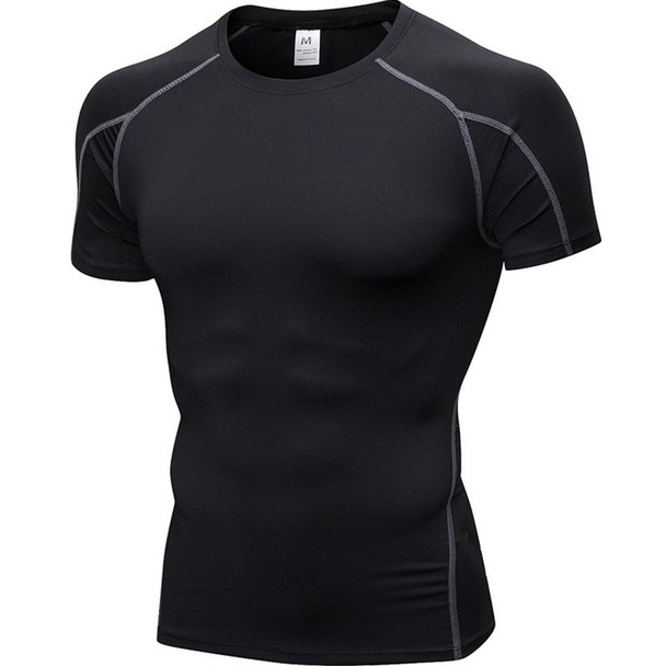 Fitness Running Training Suit Stretch Quick Dry Tight Short Sleeve T-shirt (Color:Black Grey Size:L)