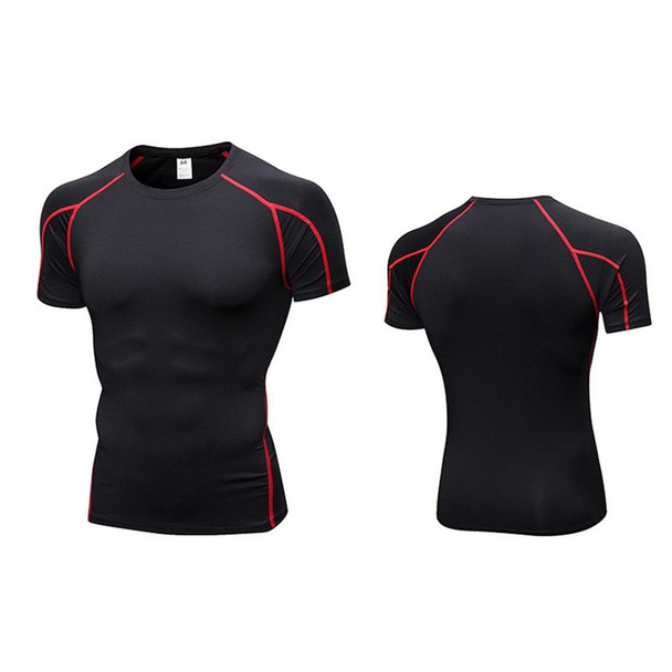 Fitness Running Training Suit Stretch Quick Dry Tight Short Sleeve T-shirt (Color:Black Red Size:XXL)