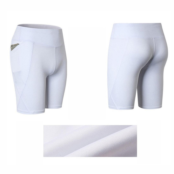 High Elastic Medium High Waist Fitness Exercise Quick Drying Sweat Wicking Tight Shorts With Pocket (Color:White Size:L)