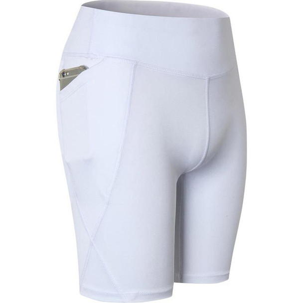 High Elastic Medium High Waist Fitness Exercise Quick Drying Sweat Wicking Tight Shorts With Pocket (Color:White Size:L)