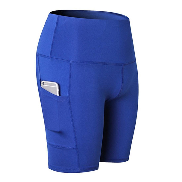 High Waist Yoga Slant Pocket Exercise Quick Dry Tight Elastic Fitness Shorts (Color:Blue Size:L)