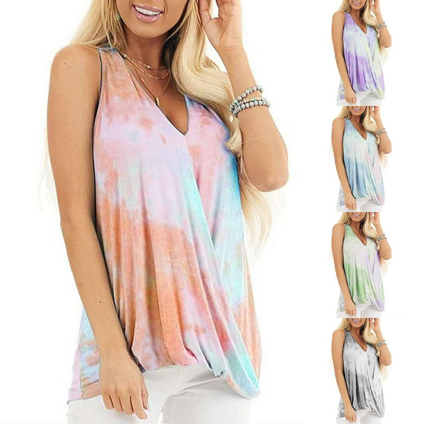 Tie-dye Print V-neck Vest T-shirt for Ladies (Color:Grey Size:L)