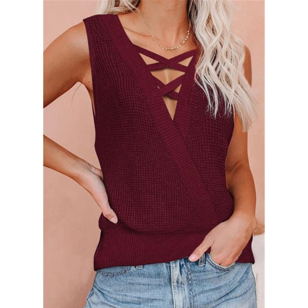 Solid Color Deep V-neck Backless Knitted Vest T-shirt for Ladies (Color:Wine Red Size:L)