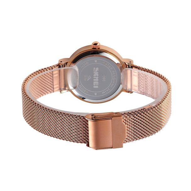 Skmei 1595 Fashion Elegant Scale Free Steel Mesh Belt Women's Watch Waterproof Business Student Quartz Watch Female(Rose Gold Blue)