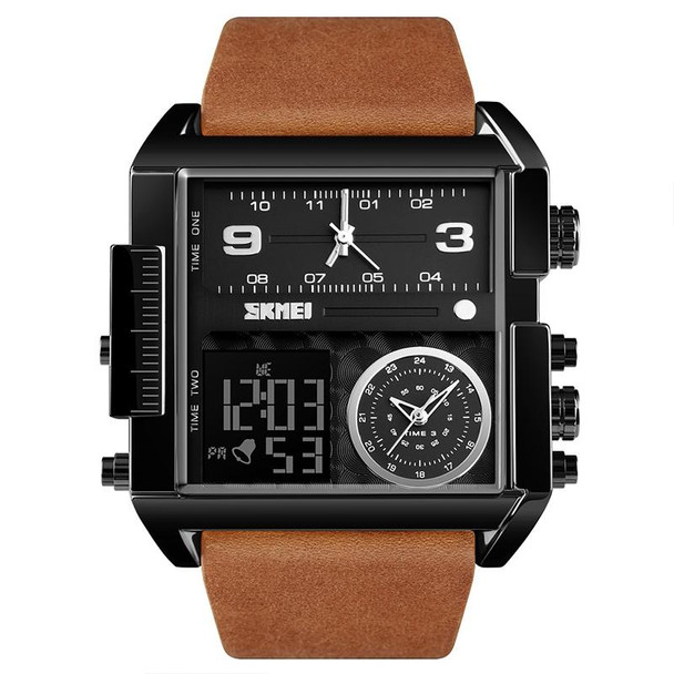 SKMEI 1391 Multifunctional Men Business Digital Watch 30m Waterproof Square Dial Wrist Watch with Leather Watchband(Black Brown)