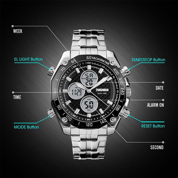 SKMEI 1302 Fashion Men Leisure Wrist Watch Multifunctional Dual-time Sports Digital Watch with Stainless Steel Watchband 30m Waterproof (Black+White)