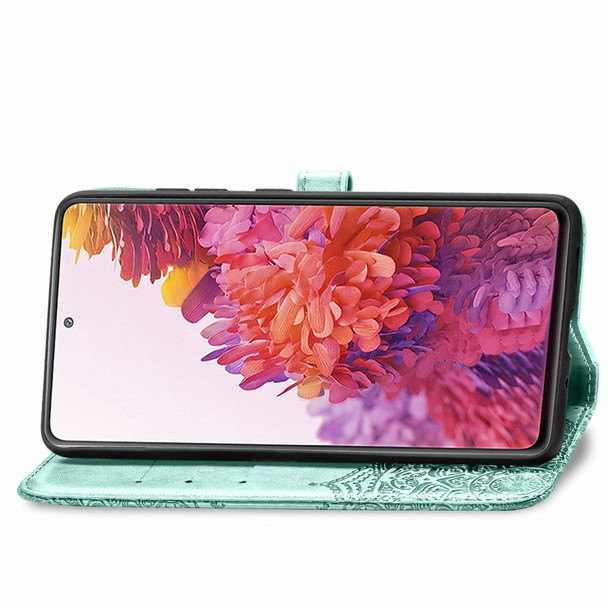 Galaxy S20 FE / S20 Lite Mandala Flower Embossed Horizontal Flip Leather Case with Bracket / Card Slot / Wallet / Lanyard(Green)