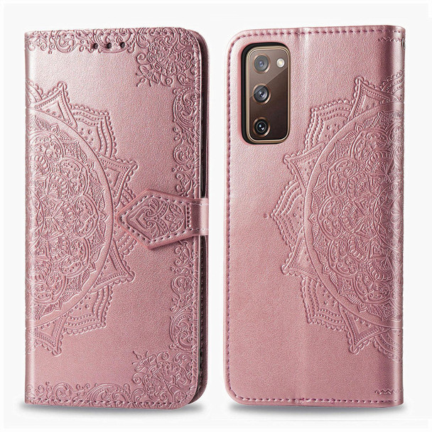 Galaxy S20 FE / S20 Lite Mandala Flower Embossed Horizontal Flip Leather Case with Bracket / Card Slot / Wallet / Lanyard(Rose Gold)