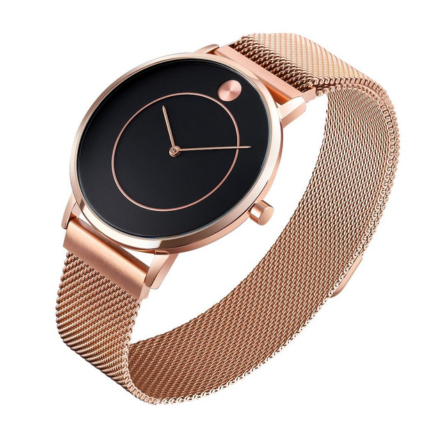 SKMEI 9197 Simple Non-scale Dial Metal Mesh Belt Quartz Watch for Ladies(Rose Gold Black Surface)