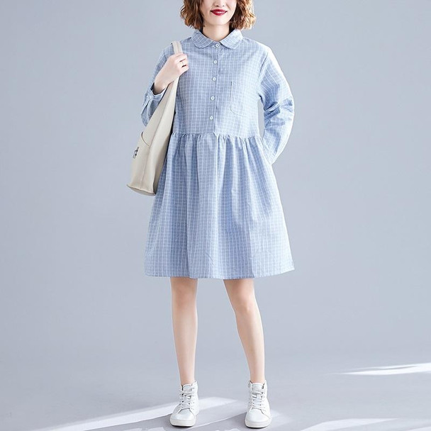 Loose Plus Size Linen Cotton Dress (Color:Blue Size:XXL)