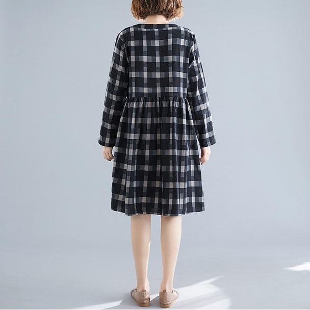 Large Size Loose Looking Thin Western Style Mid-length Plaid Dress (Color:Black Size:XL)