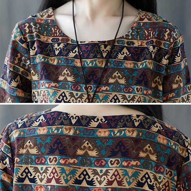 Loose Slim Printed Mid-length Cotton And Linen Dress (Color:Coffee Size:M)