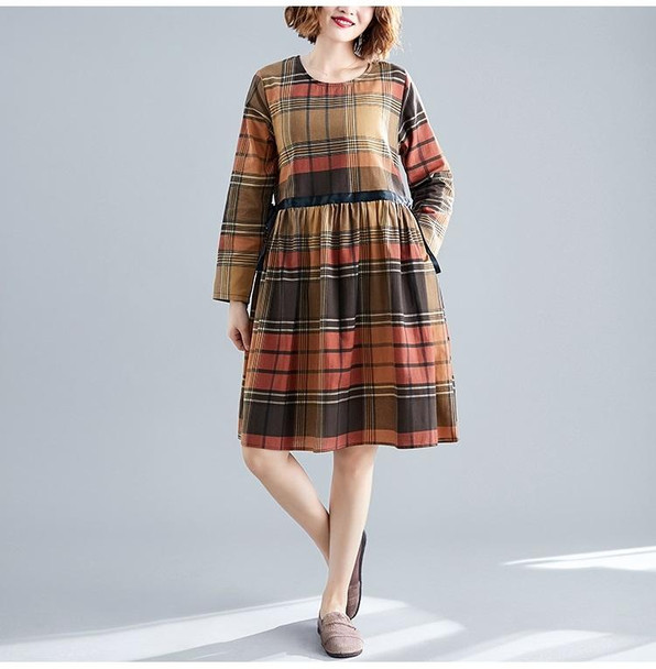 Large Size Loose Looking Thin Western Style Mid-length Plaid Dress (Color:Yellow Size:XXXL)