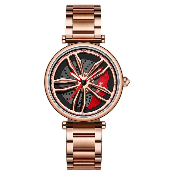 SANDA 1074 3D Hollow Out Wheel Non-rotatable Dial Quartz Watch for Women, Style:Steel Belt(Rose Gold)