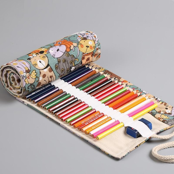 2 PCS 12 Holes Cotton Canvas Large Capacity Pen Curtain Big Face Cute Cat Cartoon Color Pencil Bag