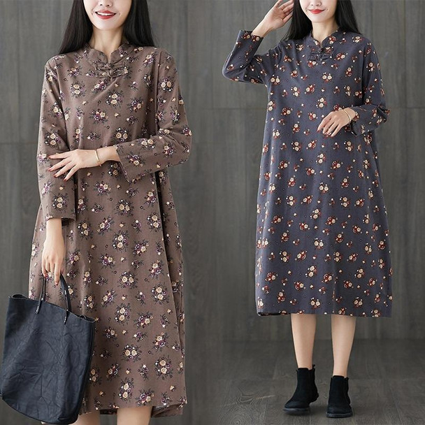 Floral Cotton And Linen Plus Size Retro Mid-length Dress (Color:Coffee Size:XL)