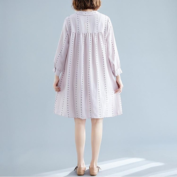 Large Size Loose And Thin Mid-length Linen Cotton Printed Dress (Color:Pale Pinkish Grey Size:M)