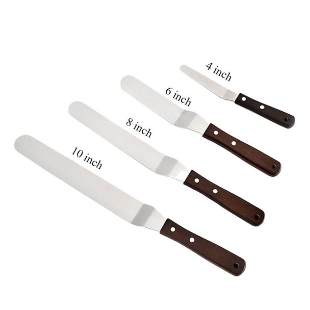 3 PCS Wooden Handle Spatula Baking Stainless Steel Cake Straight Knife(With Hole Curved Section 8 Inch)