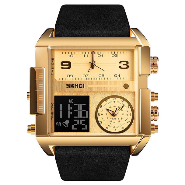 SKMEI 1391 Multifunctional Men Business Digital Watch 30m Waterproof Square Dial Wrist Watch with Leather Watchband(Gold Black)