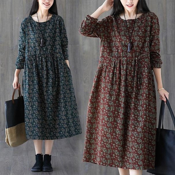Retro Cotton And Linen Print Drawstring Waist Slimming Mid-length Dress Women (Color:Wine Red Size:XL)