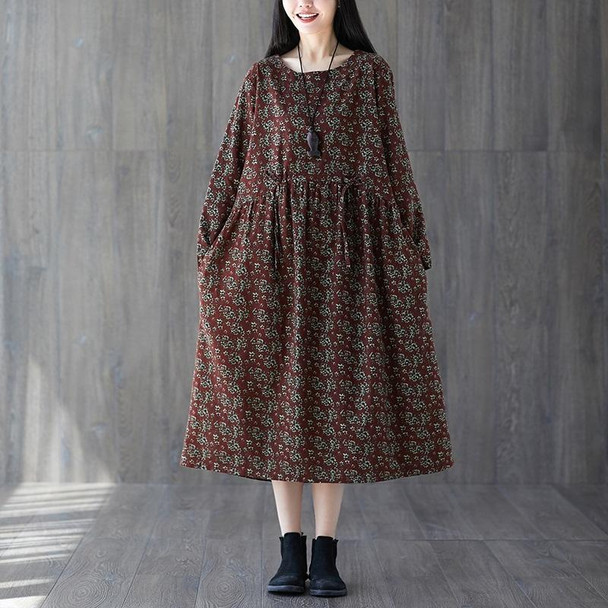 Retro Cotton And Linen Print Drawstring Waist Slimming Mid-length Dress Women (Color:Wine Red Size:XL)