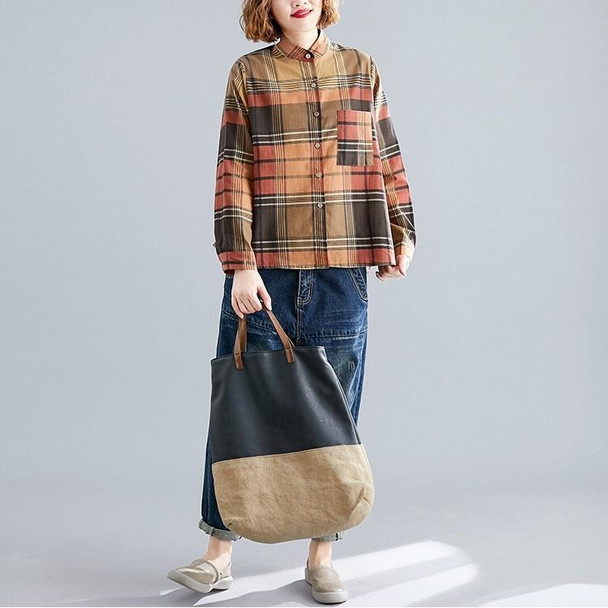 Loose Large Size Linen Cotton Printed Check Shirt - Age Reduction And Slimming (Color:Yellow Size:XL)