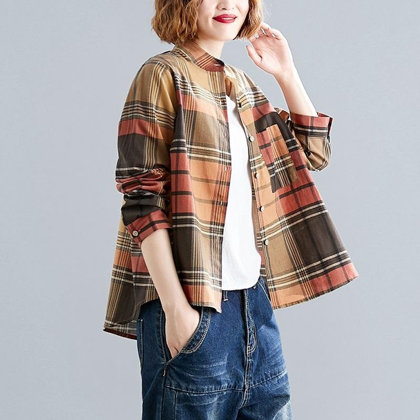 Loose Large Size Linen Cotton Printed Check Shirt - Age Reduction And Slimming (Color:Yellow Size:XL)