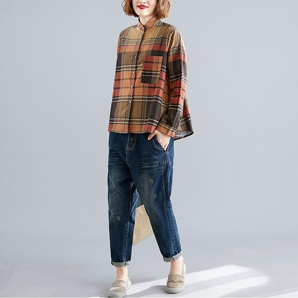 Loose Large Size Linen Cotton Printed Check Shirt - Age Reduction And Slimming (Color:Yellow Size:XL)