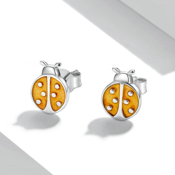 S925 Sterling Silver Orange Ladybug Ear Studs Women Earrings