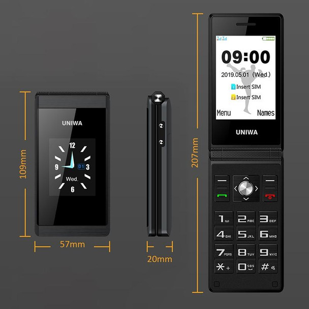UNIWA X28 Dual-screen Flip Phone, 2.8 inch + 1.77 inch, MT6261D, Support Bluetooth, FM, SOS, GSM, Dual SIM(Black)