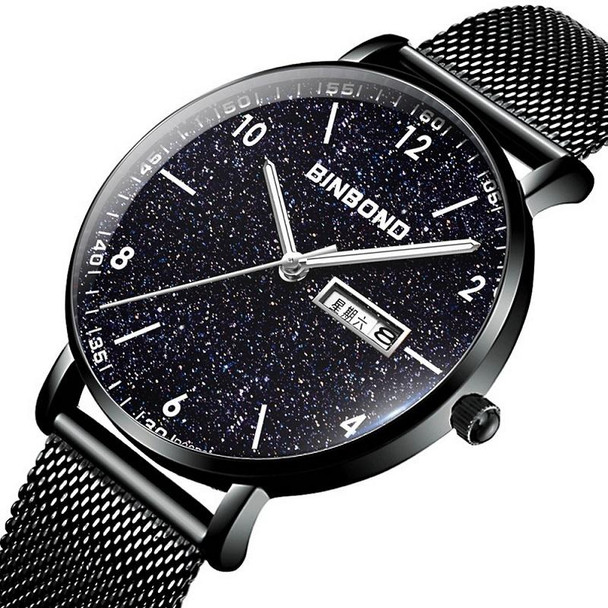 BINBONG B3820 Men Simple Luminous Quartz Watch Student Trendstarry Starry Sky Pattern Watch(Black Leatherette Black Shell White Nails)