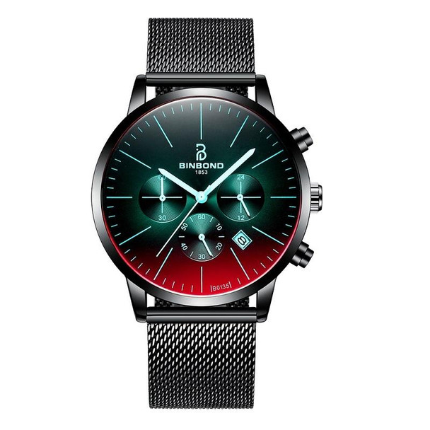 BINBONG B0135 Men Ultra-thin Three-eye Six-pin Multi-function Symphony Sports Watch(Black Mash Black Surface)