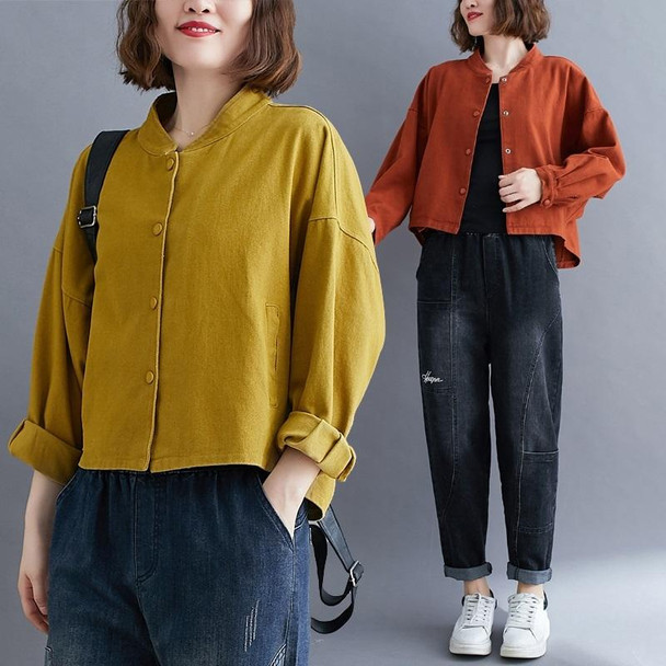 Loose Single-breasted Cotton Twill Gauze Jacket (Color:Yellow Size:Free Size)