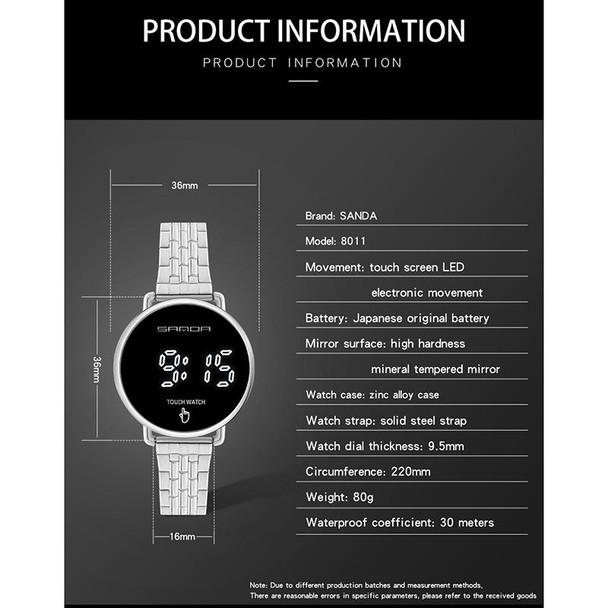 SANDA 8011 Touch Screen LED Digital Display Round Dial Electronic Watch for Men(Silver)