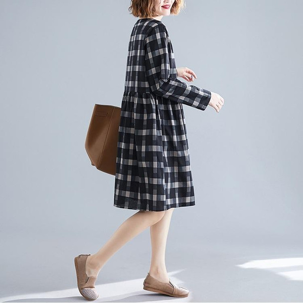 Large Size Loose Looking Thin Western Style Mid-length Plaid Dress (Color:Black Size:L)