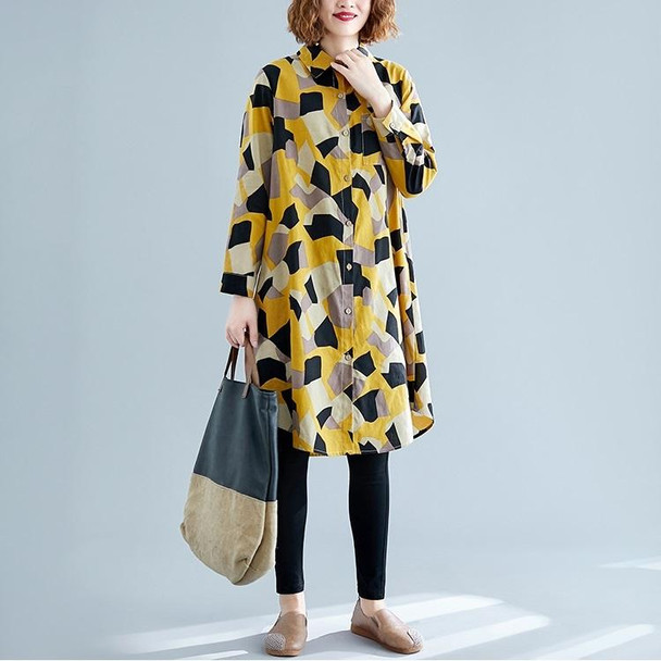 Large Size Loose Looking Thin Western Style Mid-length Cardigan Printed Shirt (Color:Yellow Size:L)