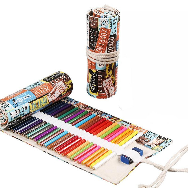 2 PCS 36 Holes Handmade Canvas Pen Curtain Large-Capacity Pencil Case - Boys And Girls Color Pencil Sketch Stationery Box(License Plate)