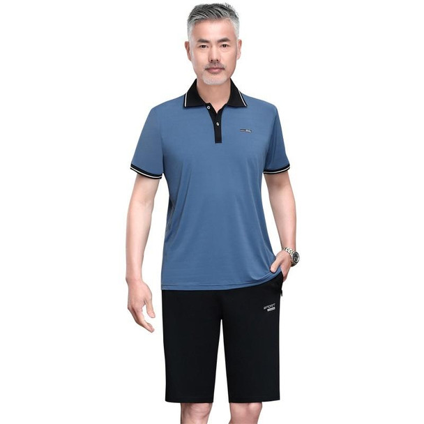 2 in 1 Middle-aged and Elderly Men Summer Short-sleeved T-shirt + Shorts Casual Sports Suit (Color:Fog Blue Size:L)