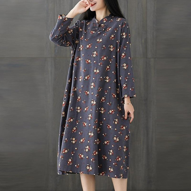 Floral Cotton And Linen Plus Size Retro Mid-length Dress (Color:Gray Blue Size:L)