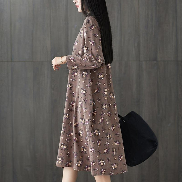 Floral Cotton And Linen Plus Size Retro Mid-length Dress (Color:Coffee Size:M)