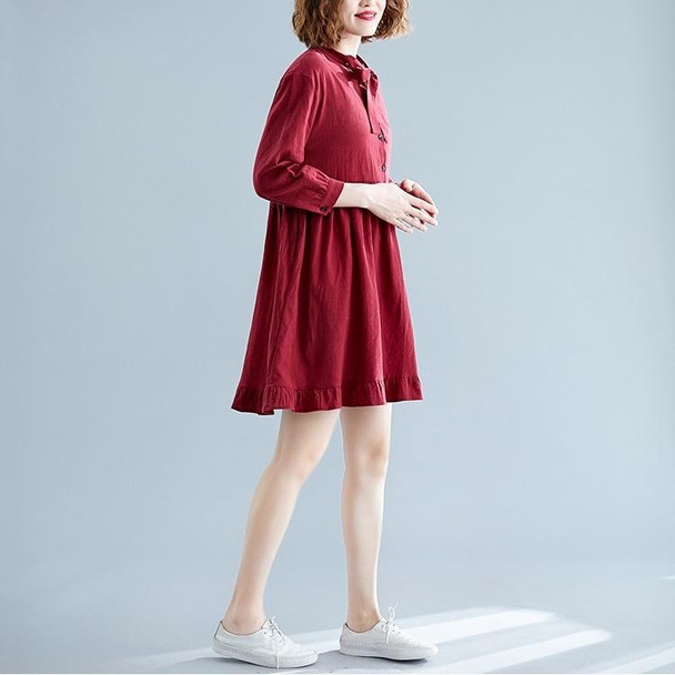 Loose Plus Size Linen Cotton Ruffle Dress (Color:Wine Red Size:XL)