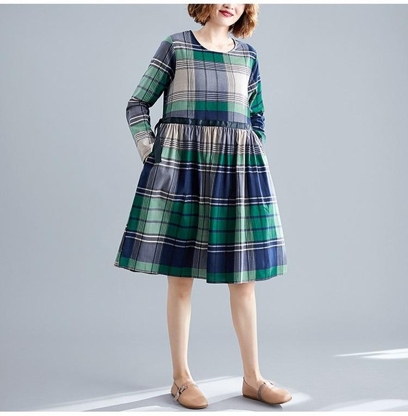 Large Size Loose Looking Thin Western Style Mid-length Plaid Dress (Color:Green Size:XL)