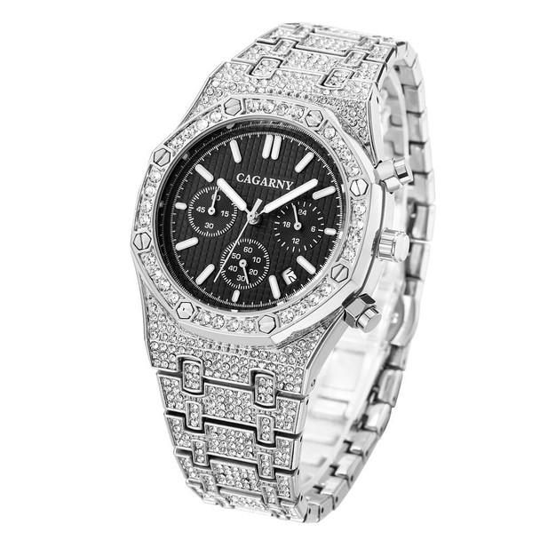 CAGARNY 6881 Diamond-studded Six-needles Guartz Dual Movement Watch Men Stainless Steel Strap Watch (Silver Shell Black Dial)