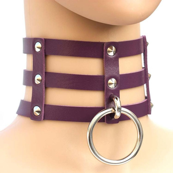 Harajuku Fashion Punk Gothic Rivets Collar Hand 3-rows Caged Leather Collar Necklace(Purple)