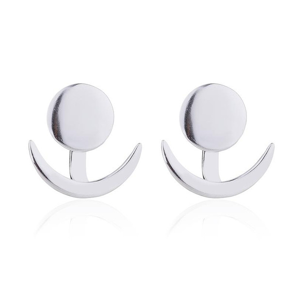 Trendy Crescent Moon Cute Ear Jackets Geometric Round Stud Earrings for Women, Metal Color:Silver 