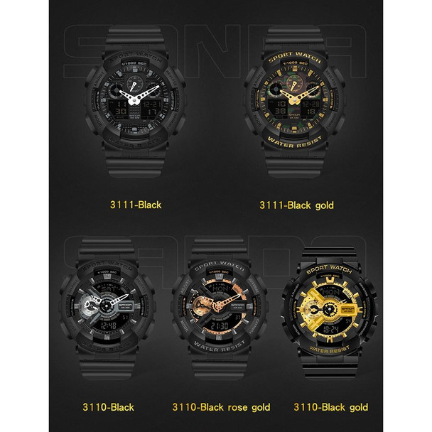 SANDA World Time Luminous Calendar Multifunctional Men Sports Quartz Watch(3110 Black Gold)