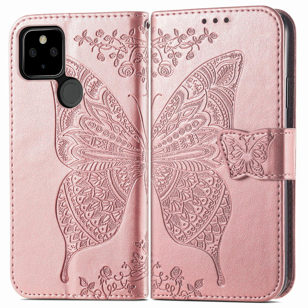 Butterfly Love Flowers Embossed Horizontal Flip Leatherette Case with Holder & Card Slots & Wallet & Lanyard - Google Pixel 5A 5G(Rose Gold)