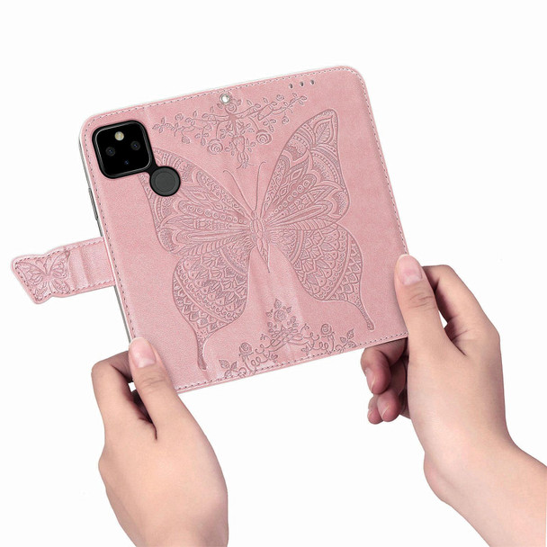 Butterfly Love Flowers Embossed Horizontal Flip Leatherette Case with Holder & Card Slots & Wallet & Lanyard - Google Pixel 5A 5G(Rose Gold)